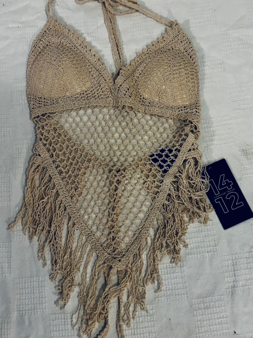 1412 Crochet Fringe Halter Top Open Back Sz Large